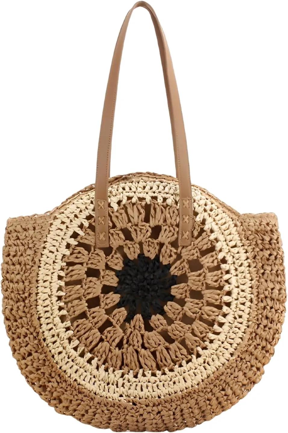YYW Round Straw Bag Handwoven Natural Summer Beach Shoulder Bag Rattan Crossbody Purse for Women