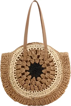YYW Round Straw Bag Handwoven Natural Summer Beach Shoulder Bag Rattan Crossbody Purse for Women
