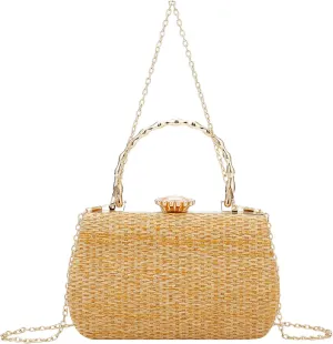 YYW Straw Beach Tote Bag Summer Women Handbags Vacation Shoulder Purse with Chain Woven Bag Gifts