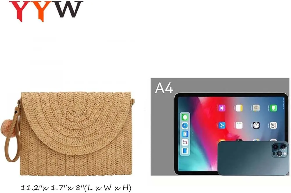 YYW Straw Clutch,Straw Handbag Clutch for Women Summer Beach Straw Woven Envelope Purse Wallet
