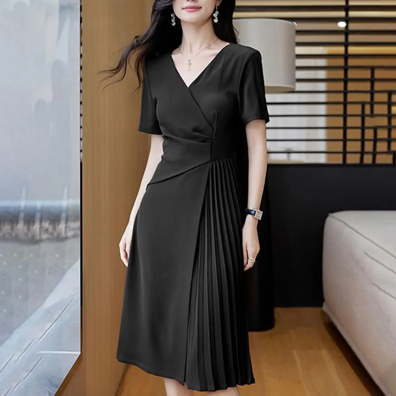 ZANZEA Summer Dresses for Women 2024 Short Sleeve Faux Wrap V Neck Sundress Pleated Cocktail Party Casual Midi Dress