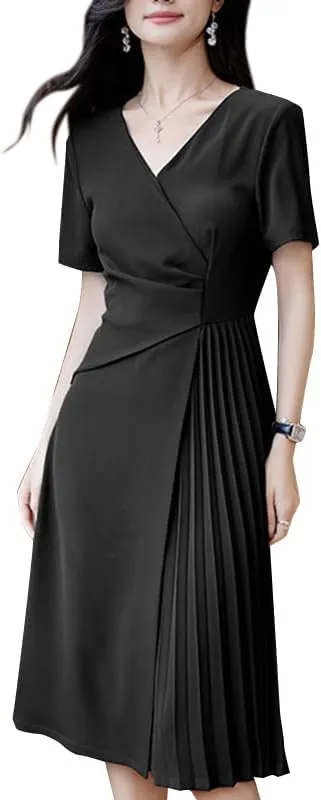 ZANZEA Summer Dresses for Women 2024 Short Sleeve Faux Wrap V Neck Sundress Pleated Cocktail Party Casual Midi Dress