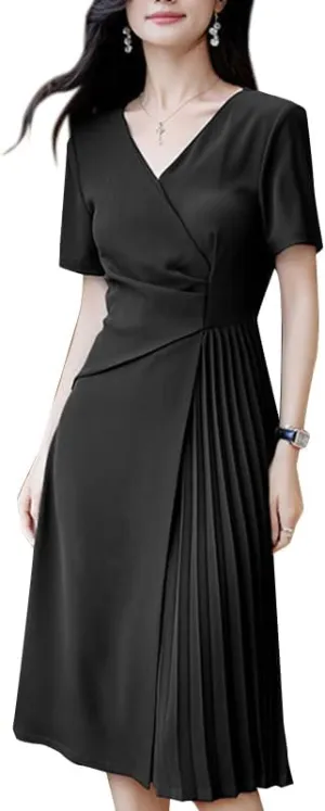 ZANZEA Summer Dresses for Women 2024 Short Sleeve Faux Wrap V Neck Sundress Pleated Cocktail Party Casual Midi Dress