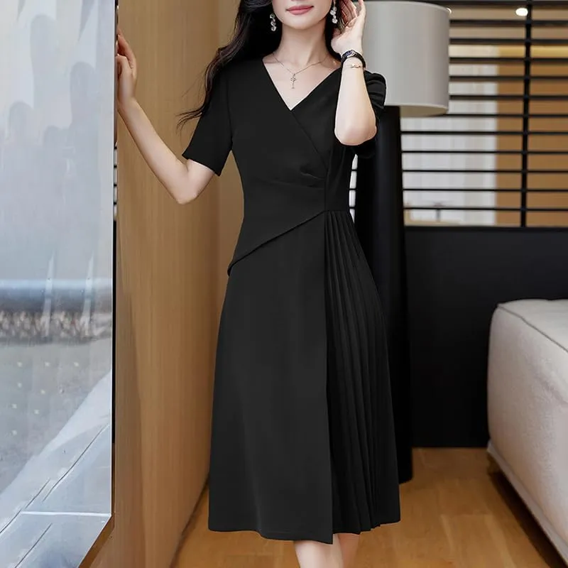 ZANZEA Summer Dresses for Women 2024 Short Sleeve Faux Wrap V Neck Sundress Pleated Cocktail Party Casual Midi Dress