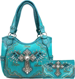 Zelris Faith Love Hope Cross Angel Wing Women Conceal Carry Women Tote Purse Set