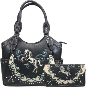 Zelris Western Mustang Horse Turquoise Conceal Carry Women Tote Purse Wallet Set