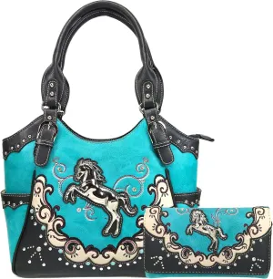 Zelris Western Mustang Horse Turquoise Conceal Carry Women Tote Purse Wallet Set