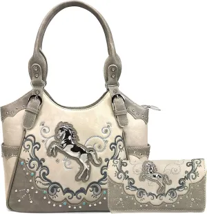 Zelris Western Mustang Horse Turquoise Conceal Carry Women Tote Purse Wallet Set