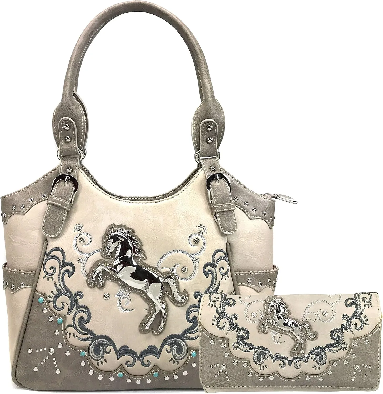 Zelris Western Mustang Horse Turquoise Conceal Carry Women Tote Purse Wallet Set