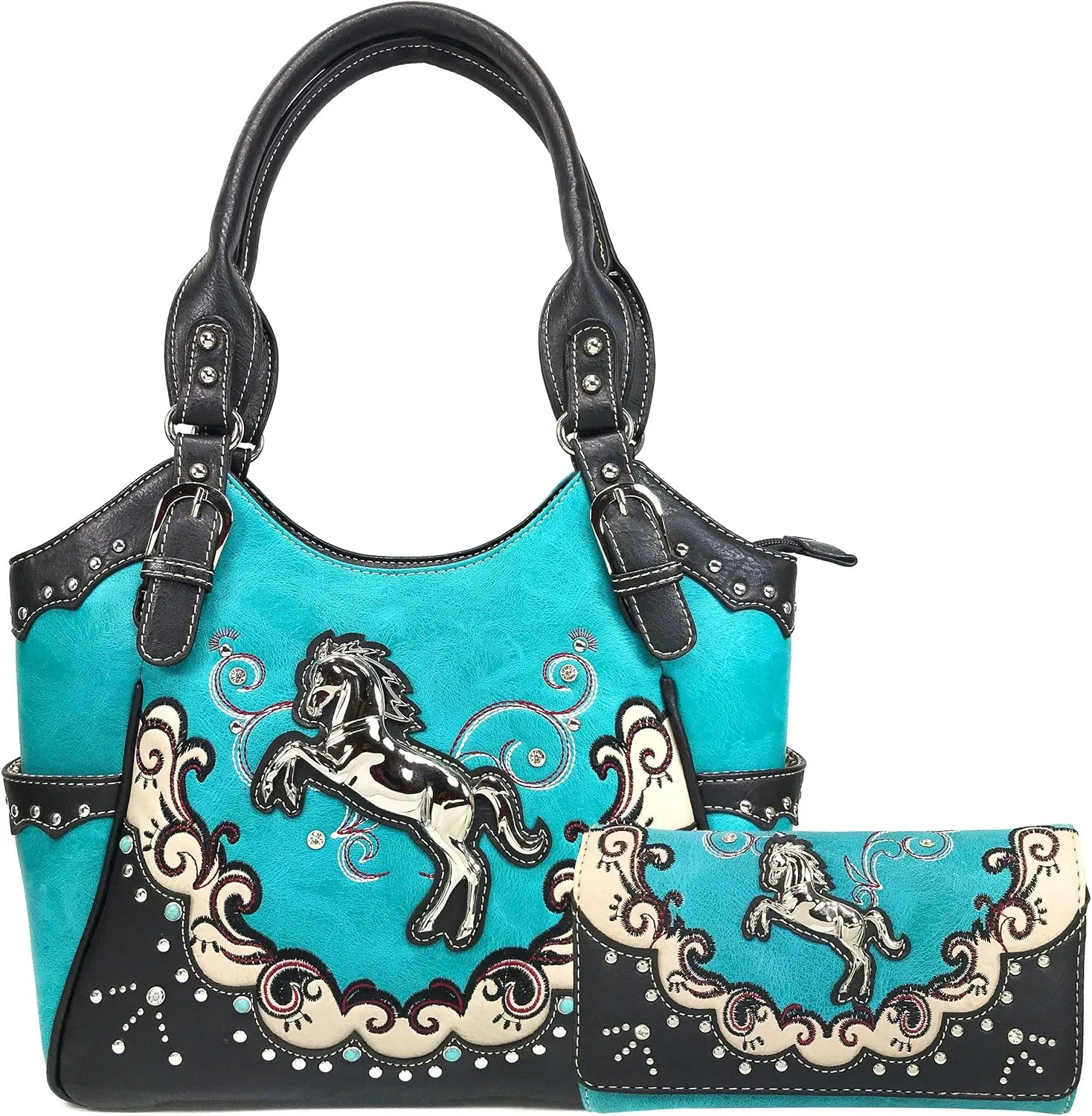 Zelris Western Mustang Horse Turquoise Conceal Carry Women Tote Purse Wallet Set