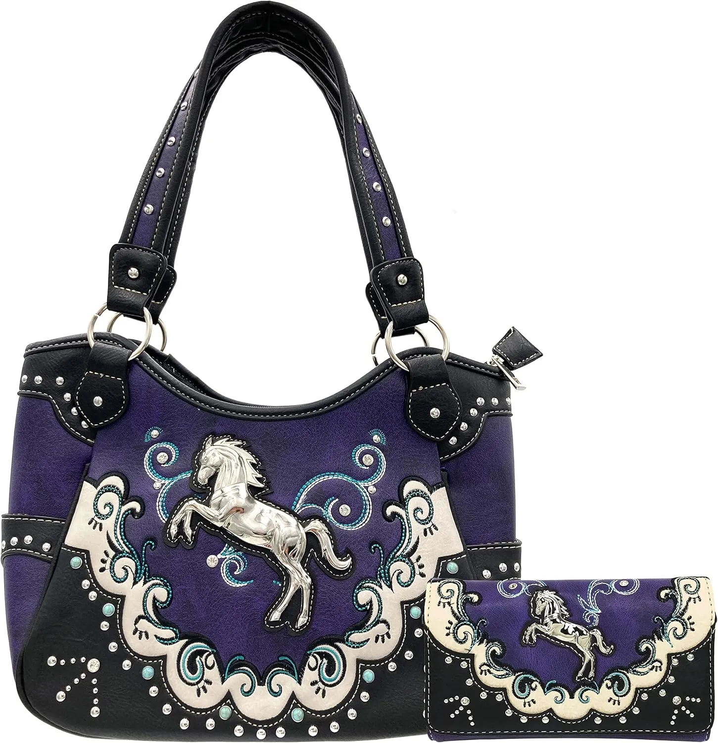 Zelris Western Mustang Horse Turquoise Conceal Carry Women Tote Purse Wallet Set
