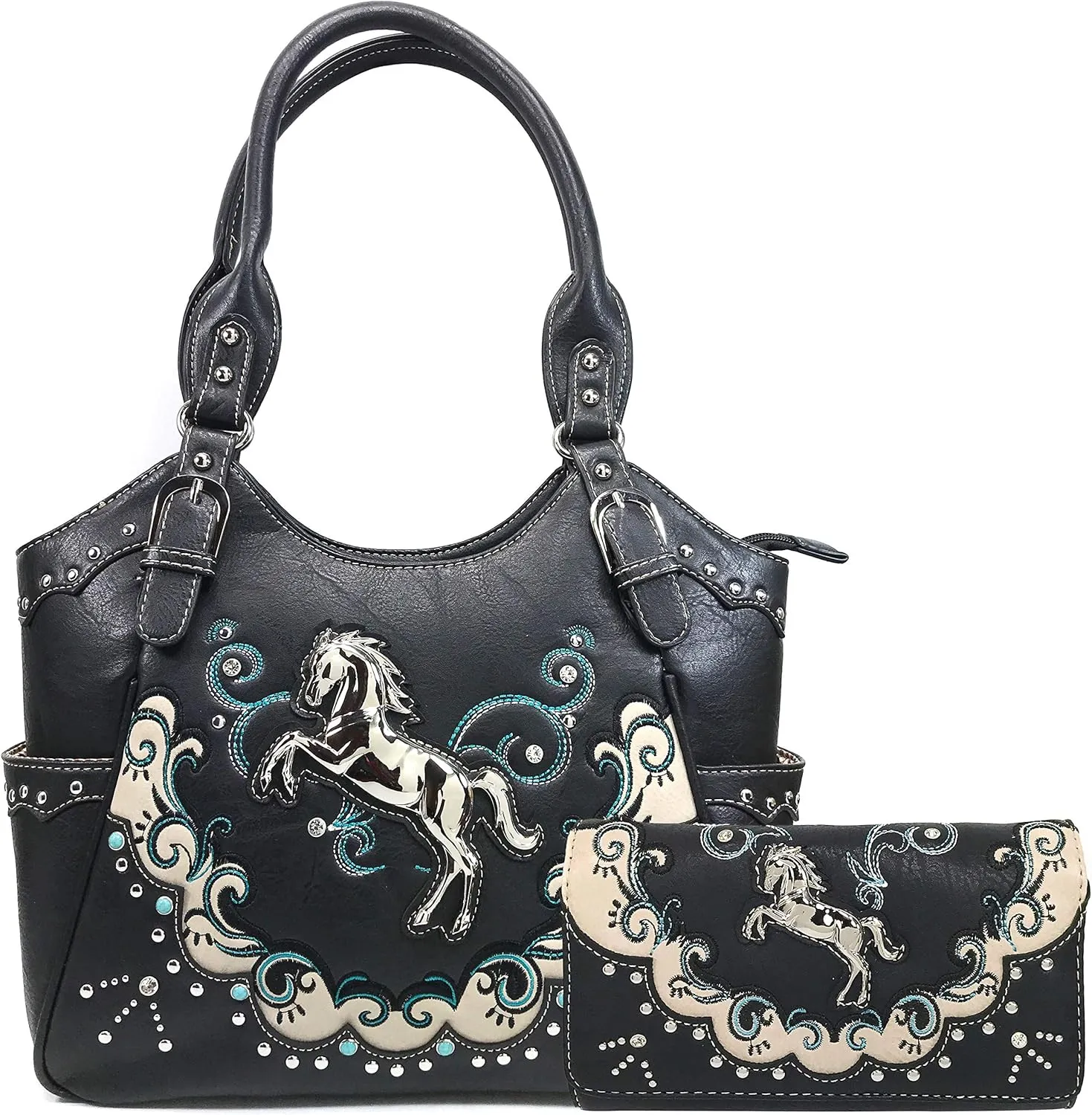 Zelris Western Mustang Horse Turquoise Conceal Carry Women Tote Purse Wallet Set