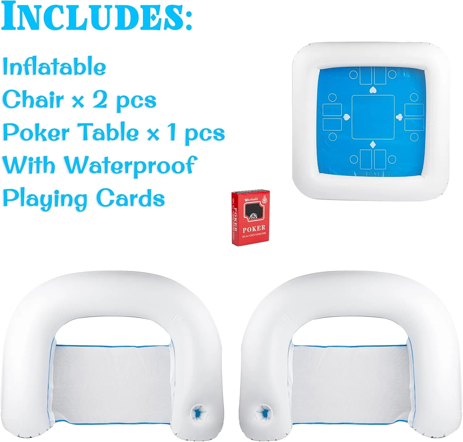 Zento Table for Pool Inflatable Game Station Set with Waterproof Playing Cards Poker Game Deck and Chairs - Card Table with Inflatable Seats for Fun in The Water by The Beach Pool