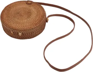 Zerodis Round Rattan Bag For Women, Tropical Beach Handmade Crossbody Bag Shoulder Bag With 20cm Diameter Leather Strap Gift (Plain Colour Leather Buckle with Lining)