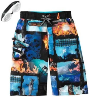 ZeroXposur Boys Surfs Up Board Shorts Graphic Swim Trunks & Goggles Set