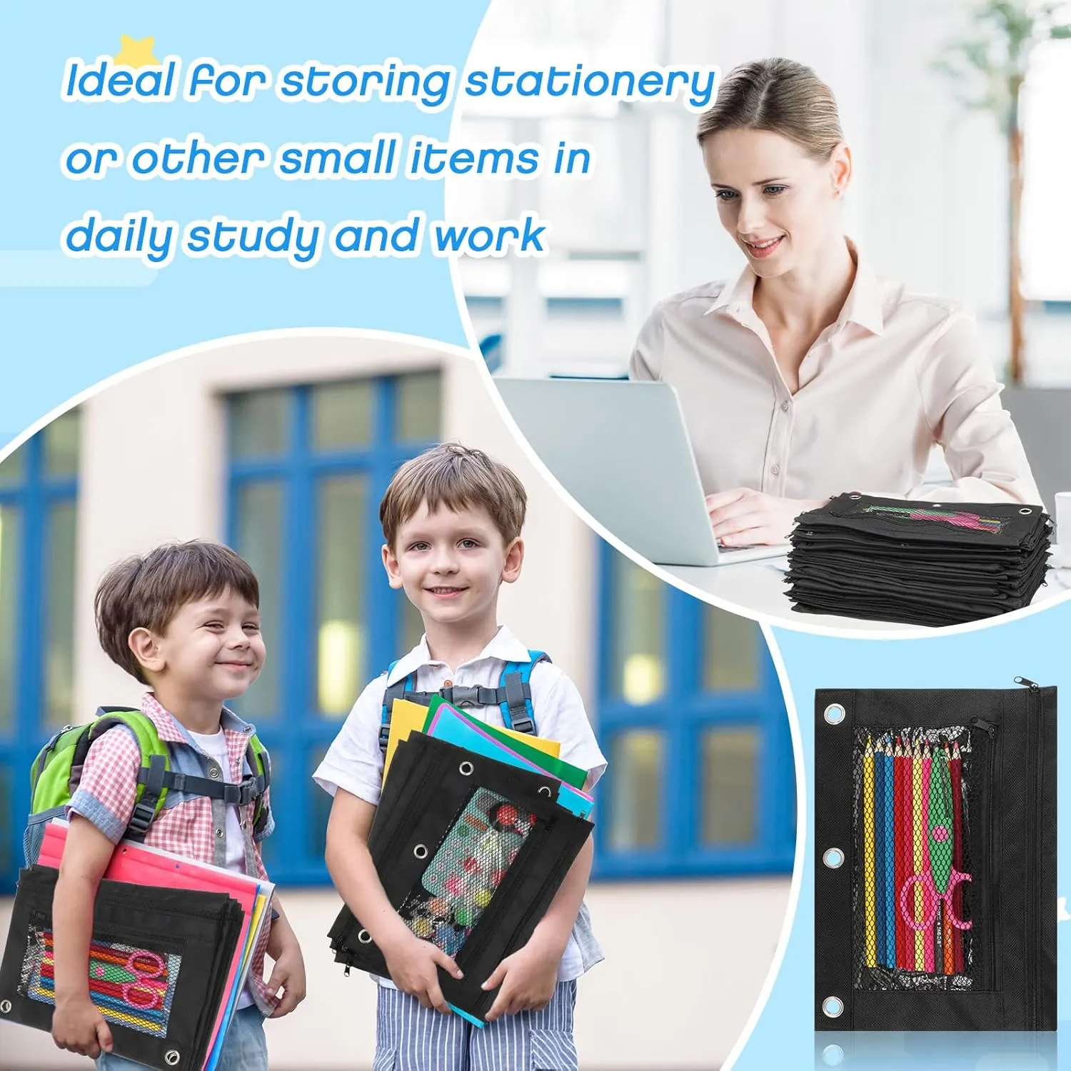 Zhehao 150 Pieces Zipper Binder Pencil Pouches 3 Ring Binder Zipper Pouches Case with Window Ring Pencil Bags Case or Office School Students Supplies(2 Zipper,Full Black)