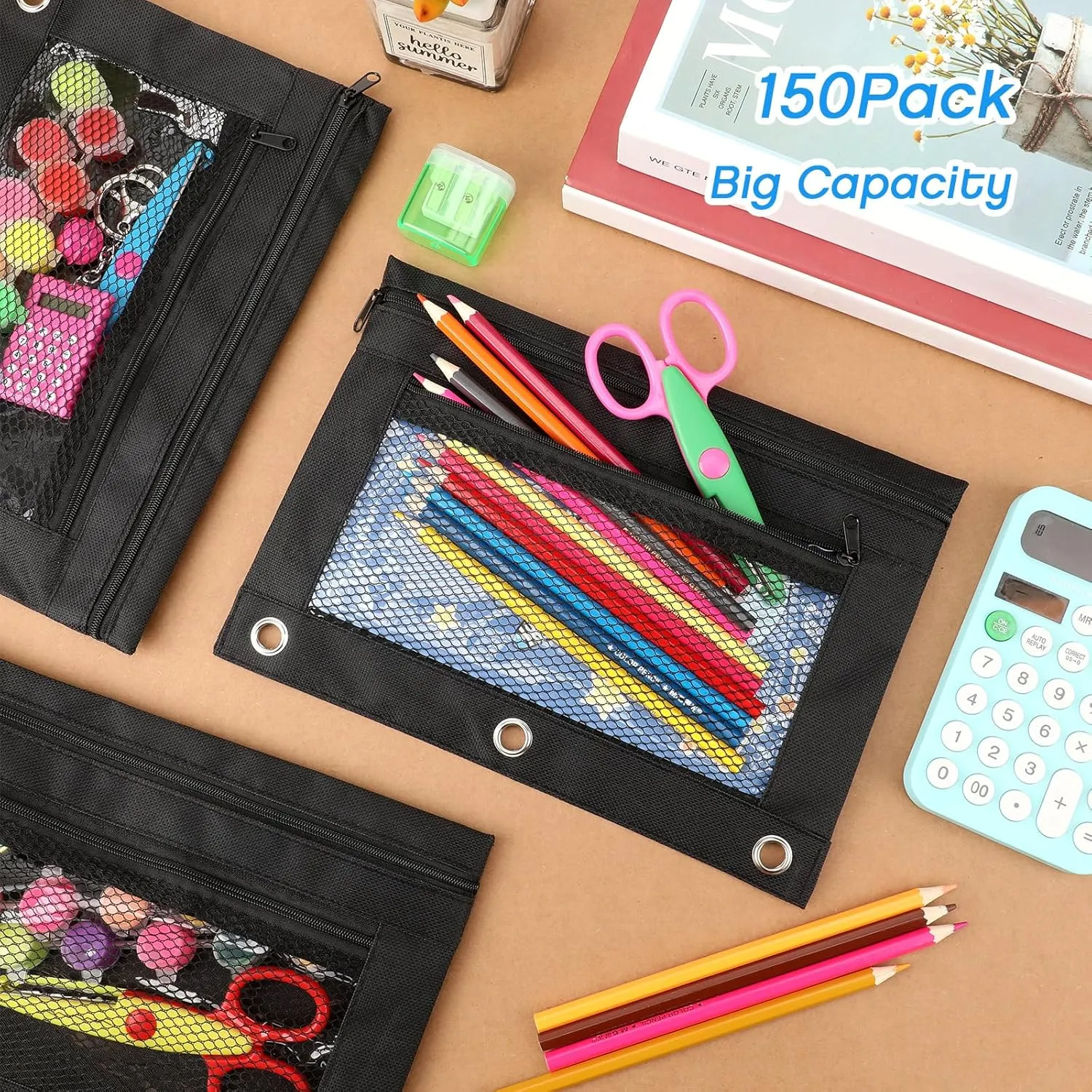 Zhehao 150 Pieces Zipper Binder Pencil Pouches 3 Ring Binder Zipper Pouches Case with Window Ring Pencil Bags Case or Office School Students Supplies(2 Zipper,Full Black)