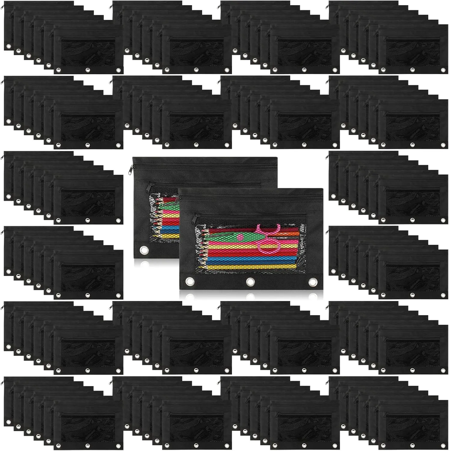 Zhehao 150 Pieces Zipper Binder Pencil Pouches 3 Ring Binder Zipper Pouches Case with Window Ring Pencil Bags Case or Office School Students Supplies(2 Zipper,Full Black)
