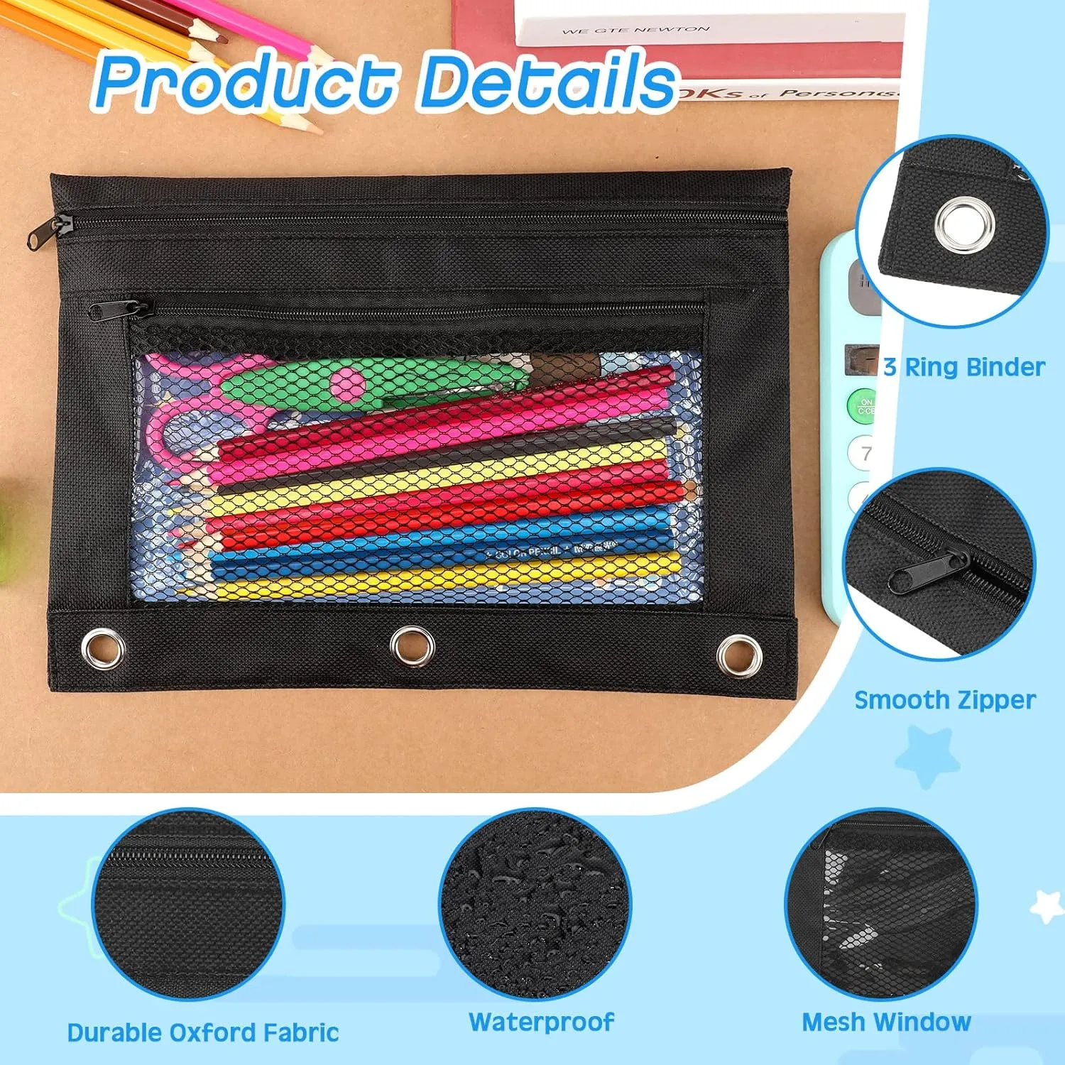Zhehao 150 Pieces Zipper Binder Pencil Pouches 3 Ring Binder Zipper Pouches Case with Window Ring Pencil Bags Case or Office School Students Supplies(2 Zipper,Full Black)