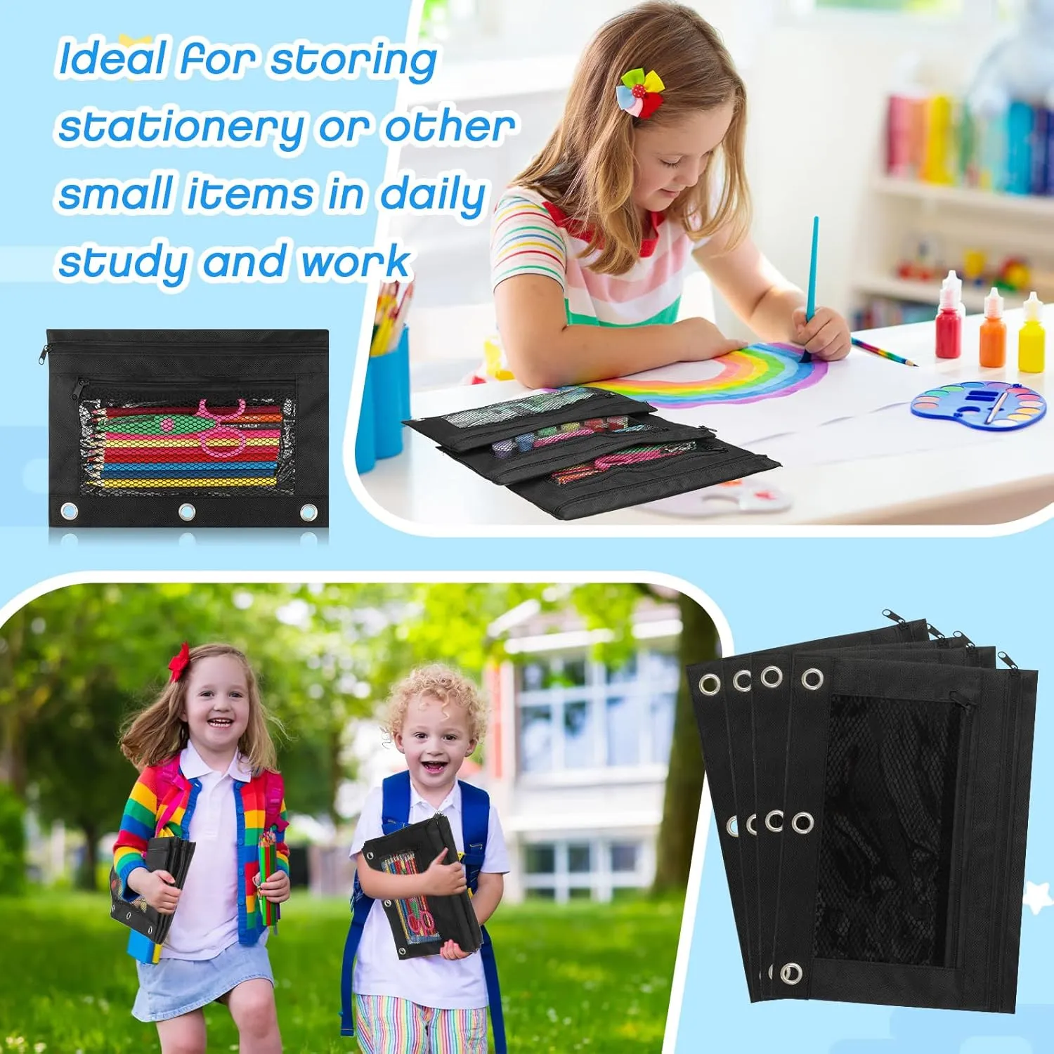Zhehao 150 Pieces Zipper Binder Pencil Pouches 3 Ring Binder Zipper Pouches Case with Window Ring Pencil Bags Case or Office School Students Supplies(2 Zipper,Full Black)