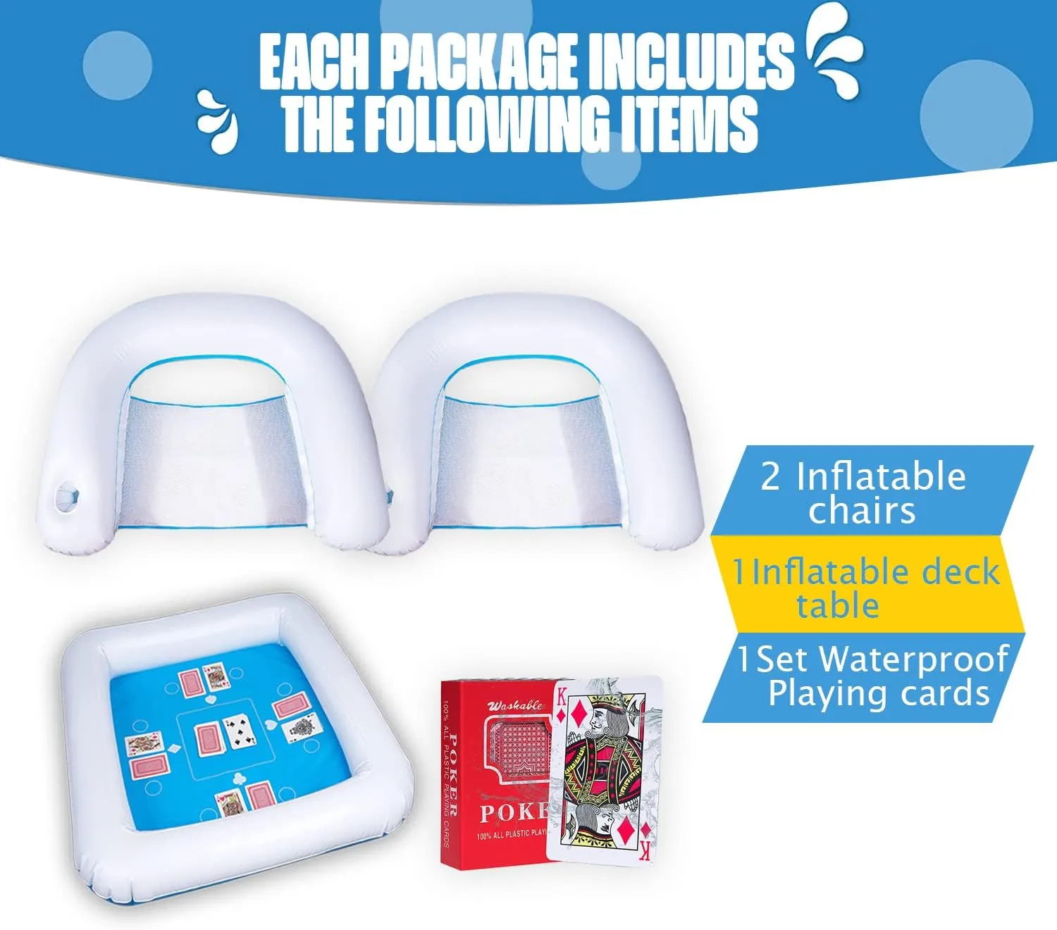 Zone Tech Inflatable Game Table and Chairs with Waterproof Playing Cards, Floating Table for Pool for Adults, Family, Party, Beach Game Station Set Blue/White