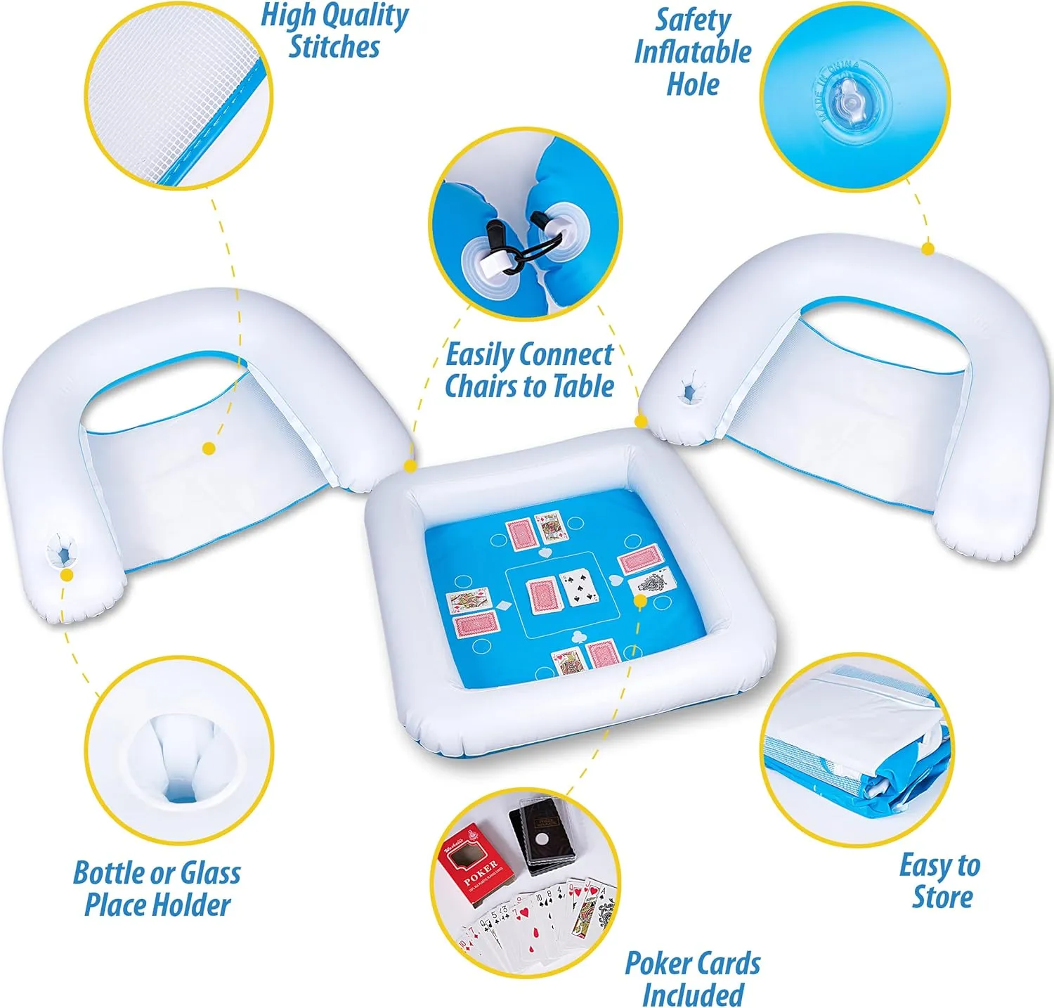 Zone Tech Inflatable Game Table and Chairs with Waterproof Playing Cards, Floating Table for Pool for Adults, Family, Party, Beach Game Station Set Blue/White