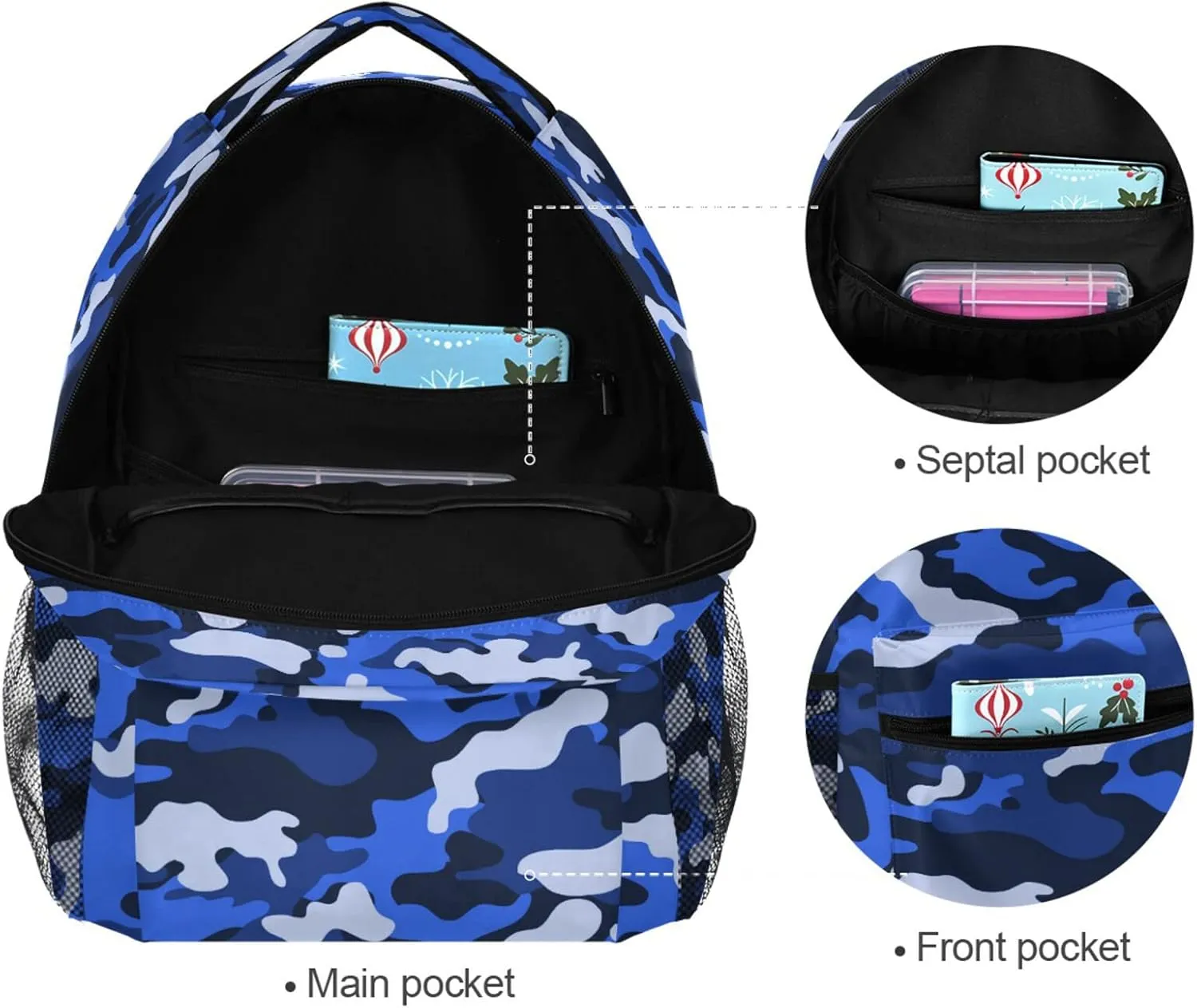 ZZKKO Camo Camouflage Blue School Backpacks Book Bag for Boys Girls Travel Hiking Camping Daypack Work Laptop Backpack