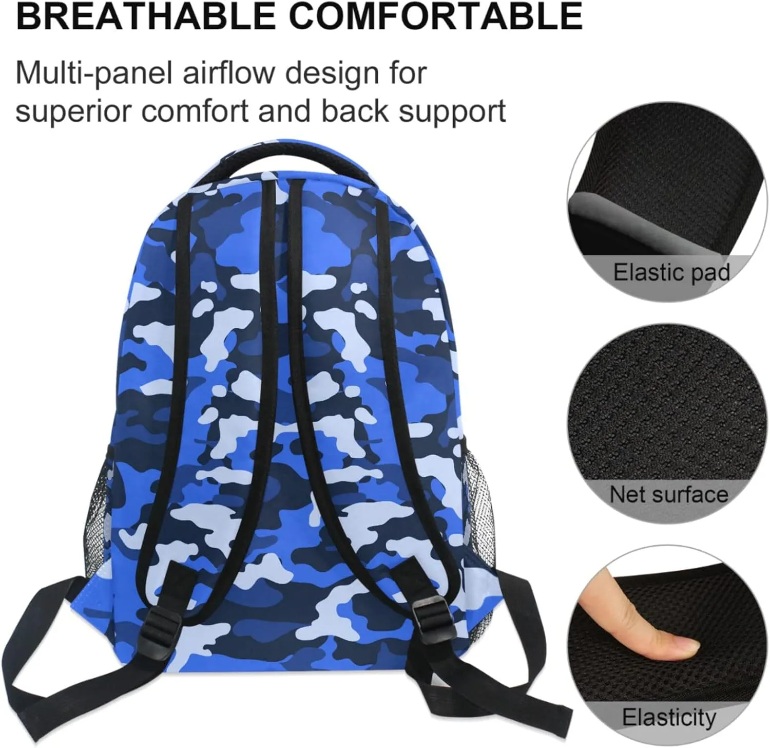 ZZKKO Camo Camouflage Blue School Backpacks Book Bag for Boys Girls Travel Hiking Camping Daypack Work Laptop Backpack