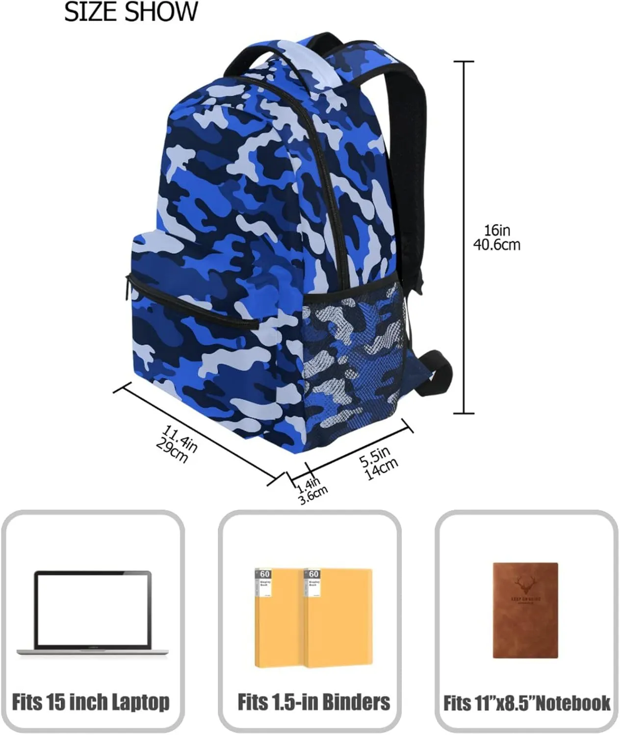 ZZKKO Camo Camouflage Blue School Backpacks Book Bag for Boys Girls Travel Hiking Camping Daypack Work Laptop Backpack
