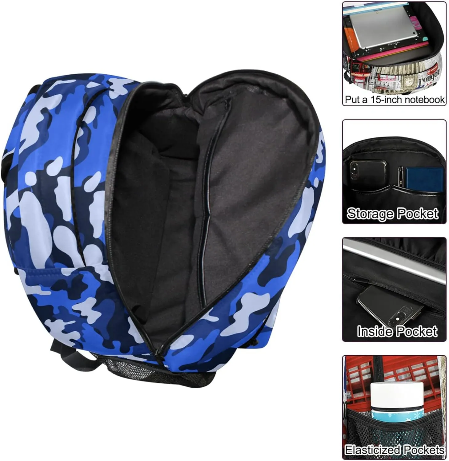 ZZKKO Camo Camouflage Blue School Backpacks Book Bag for Boys Girls Travel Hiking Camping Daypack Work Laptop Backpack