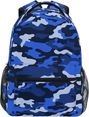 ZZKKO Camo Camouflage Blue School Backpacks Book Bag for Boys Girls Travel Hiking Camping Daypack Work Laptop Backpack